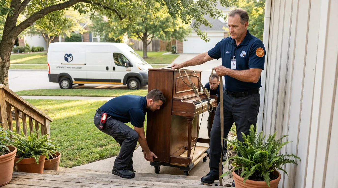 Licensed piano movers securing grand piano in Fall Creek, WI
