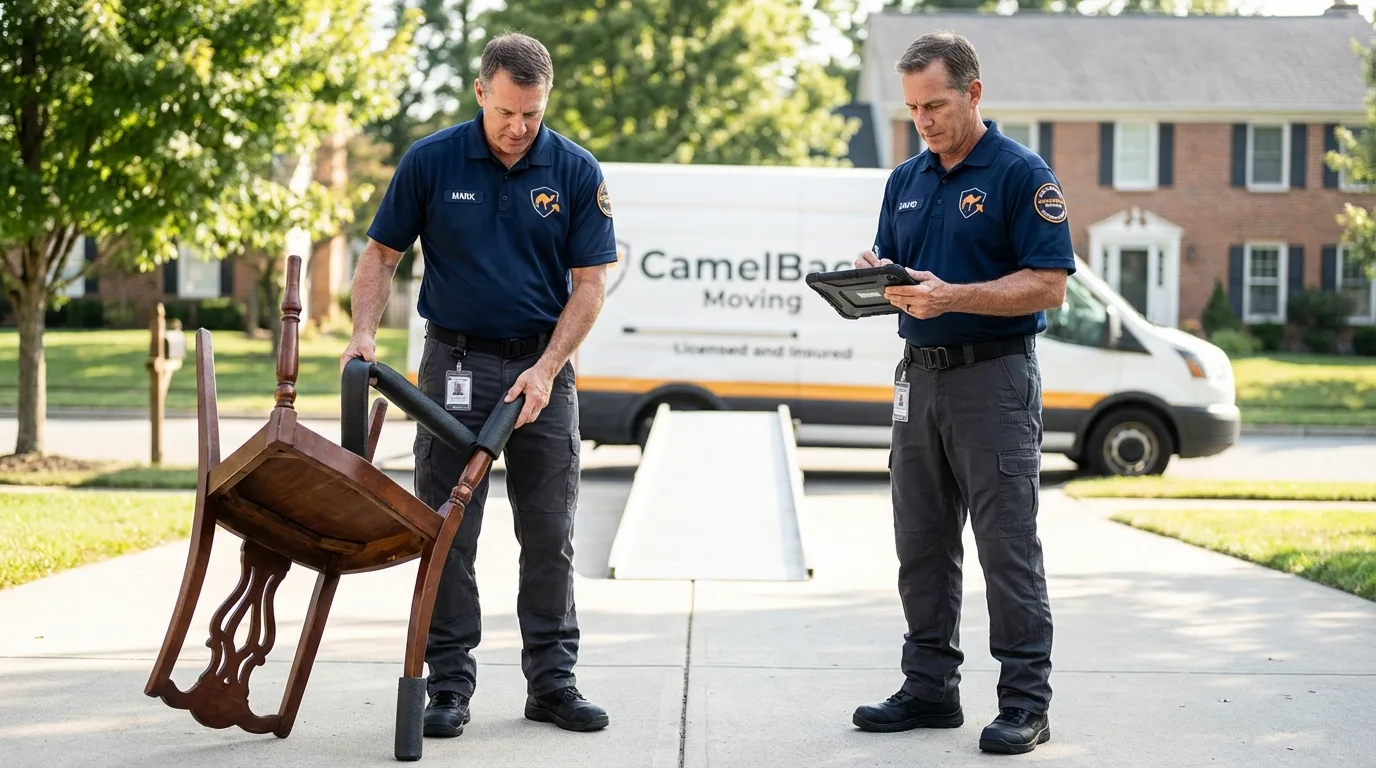 Movers inspecting furniture for damage prevention before loading in Fall Creek, WI