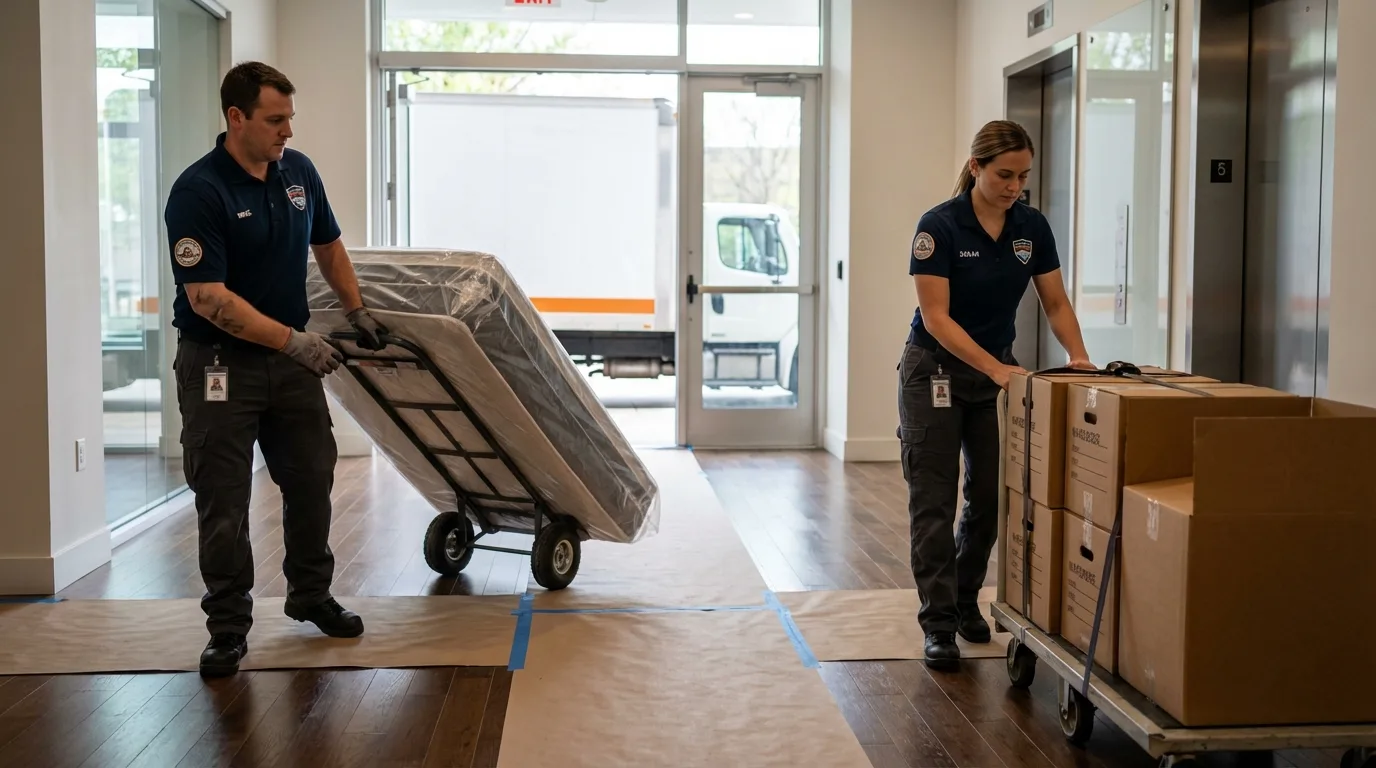 Professional apartment movers loading elevator in Fall Creek, WI