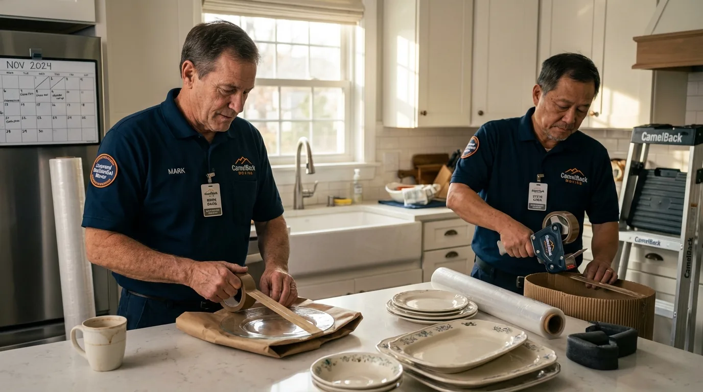 Professional crew packing kitchen dishware in Fall Creek, WI